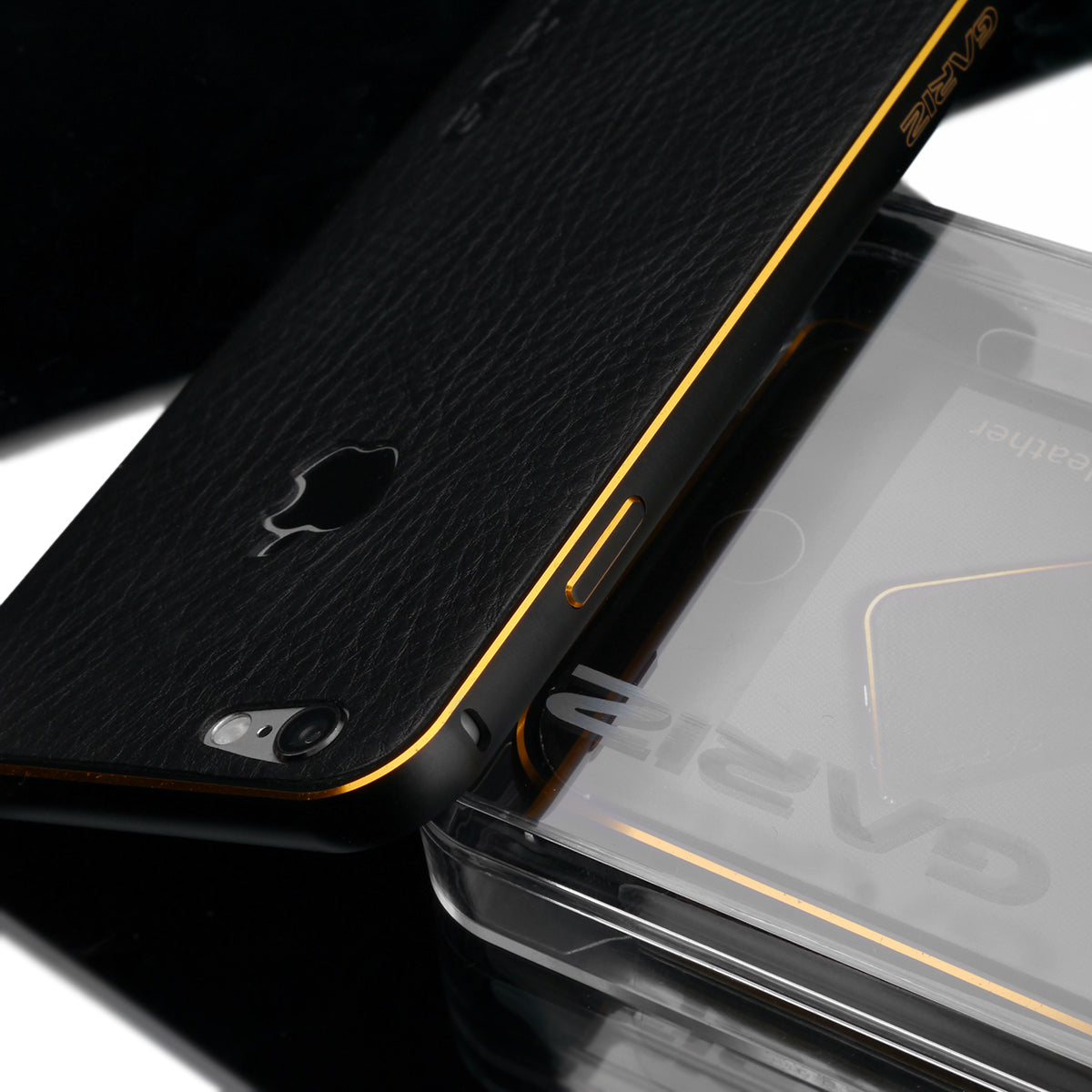 Gariz XA-IP6BS Metal Bumper Case Leather Skin for iPhone 6 6S Black Gold Trim
