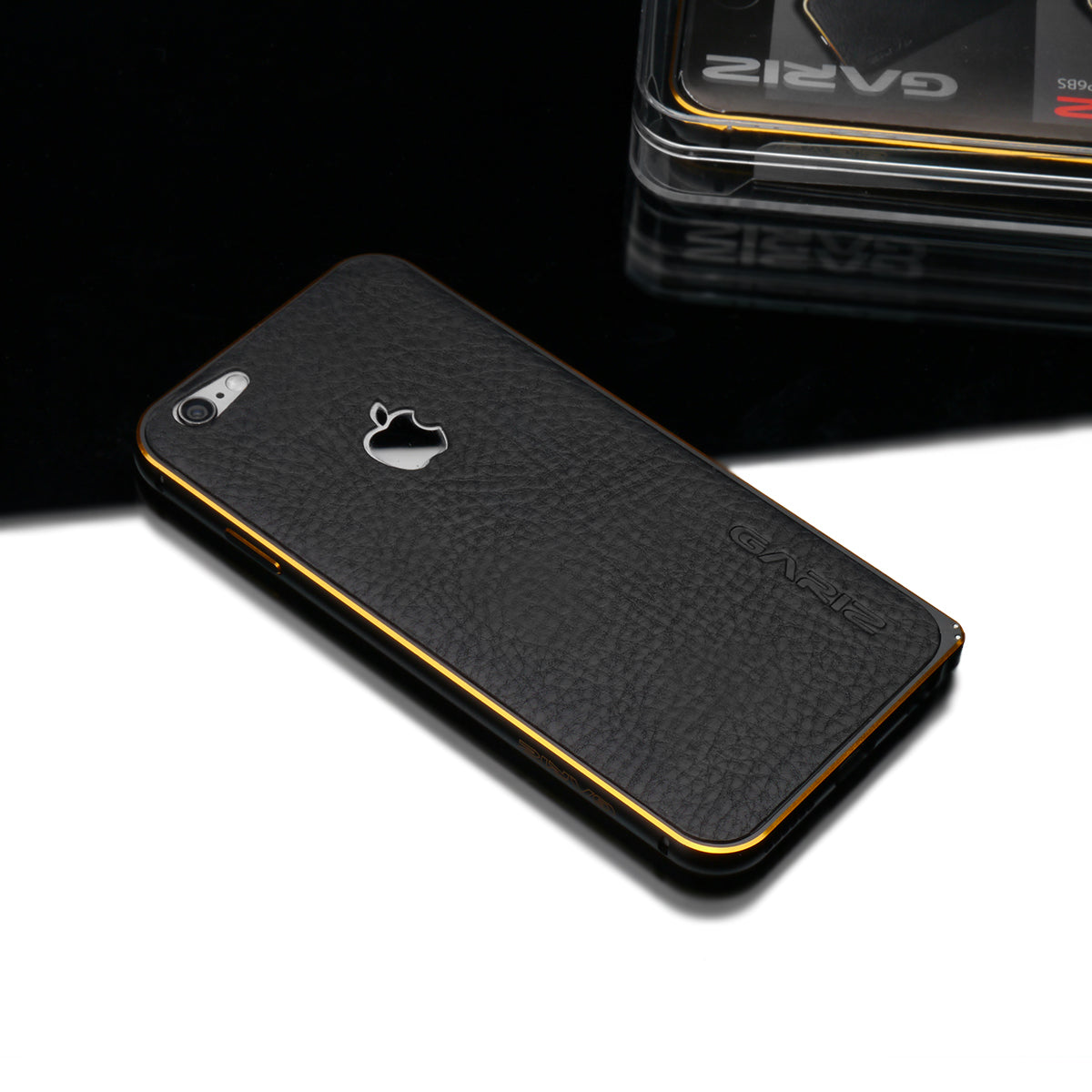 Gariz XA-IP6BS Metal Bumper Case Leather Skin for iPhone 6 6S Black Gold Trim