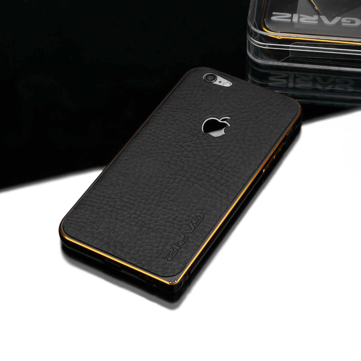 Gariz XA-IP6BS Metal Bumper Case Leather Skin for iPhone 6 6S Black Gold Trim
