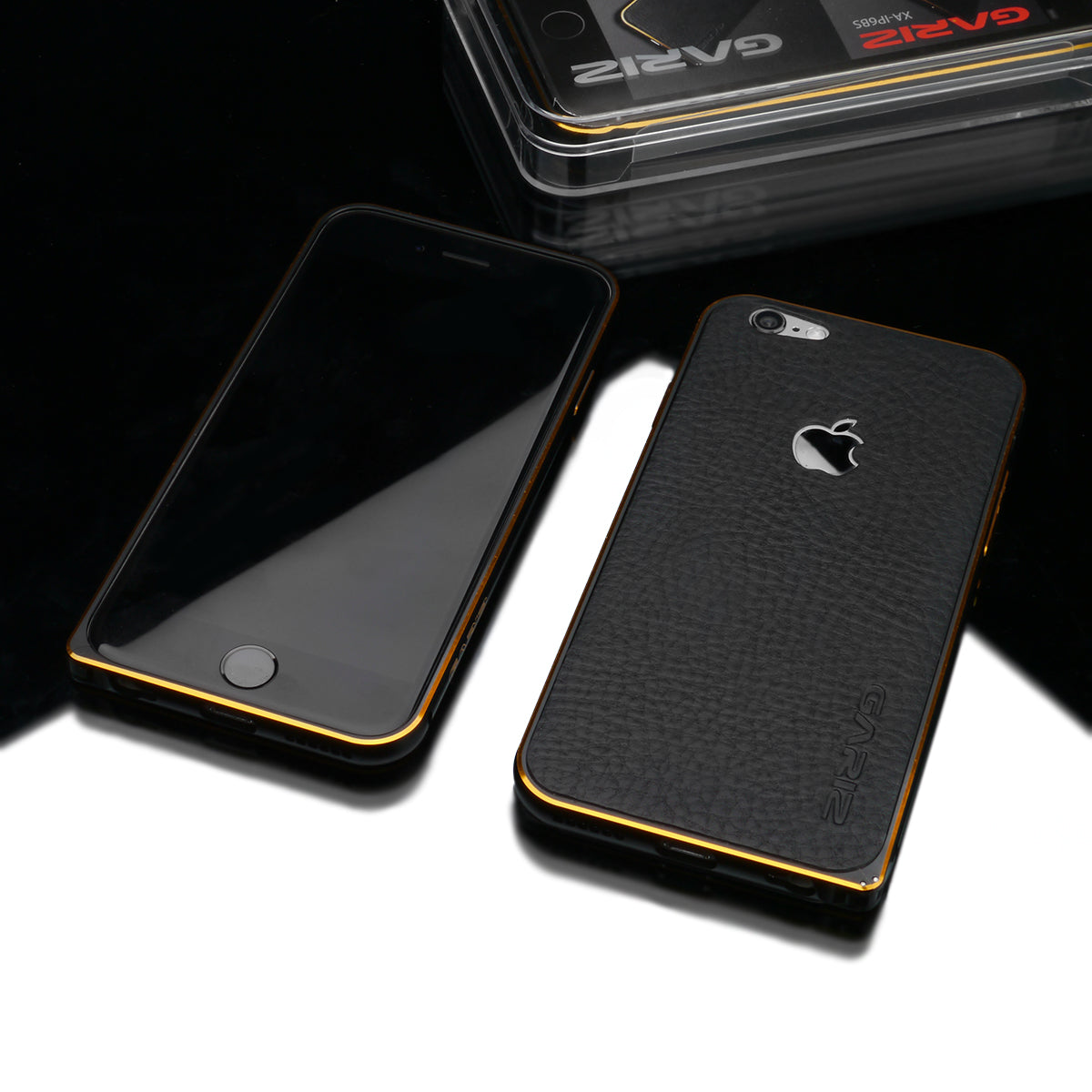Gariz XA-IP6BS Metal Bumper Case Leather Skin for iPhone 6 6S Black Gold Trim
